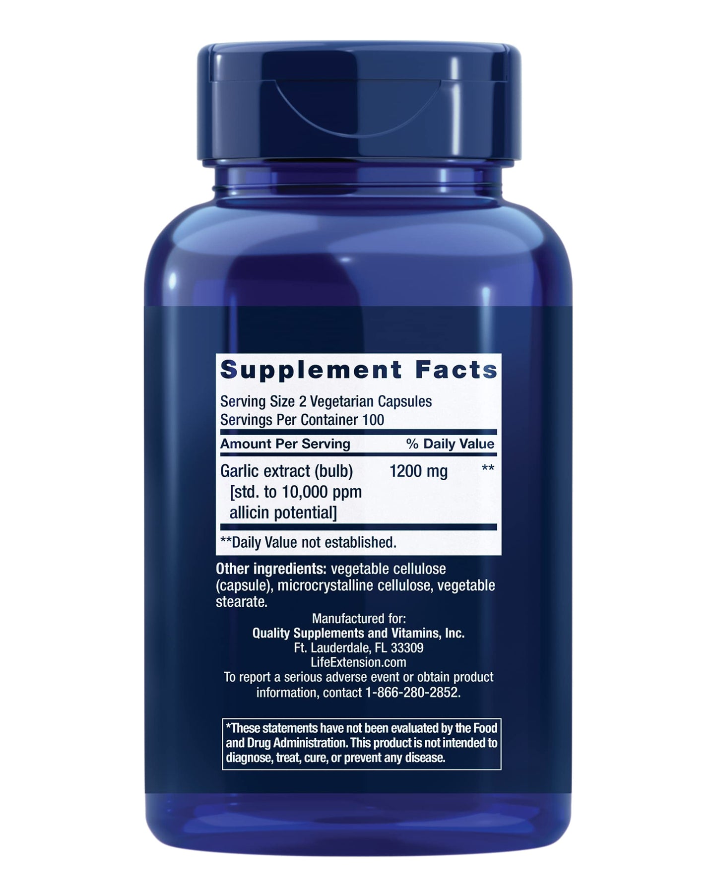 Life Extension standardized garlic extract dietary supplement bottle for daily immune defense