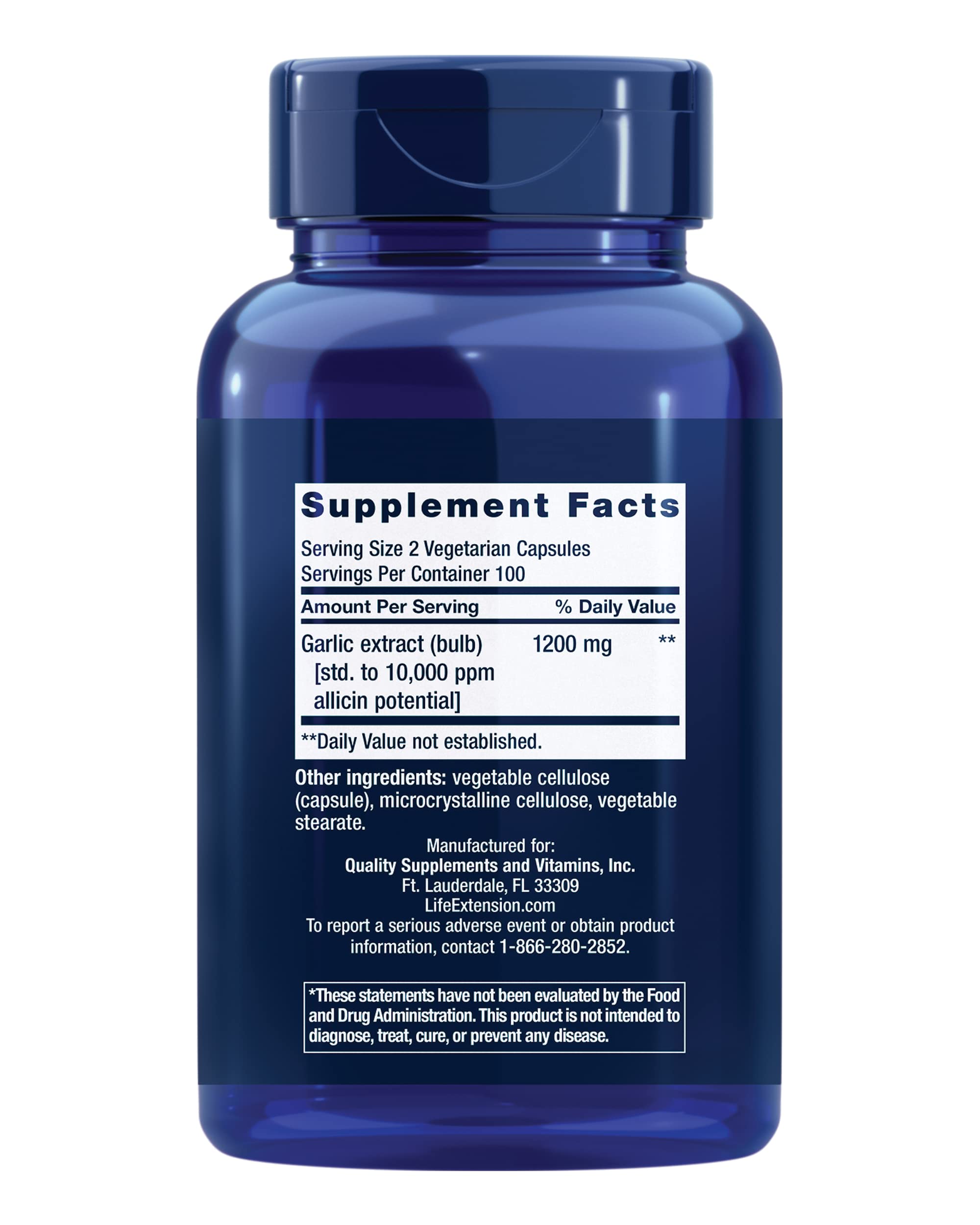 Life Extension standardized garlic extract dietary supplement bottle for daily immune defense