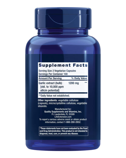 Life Extension standardized garlic extract dietary supplement bottle for daily immune defense