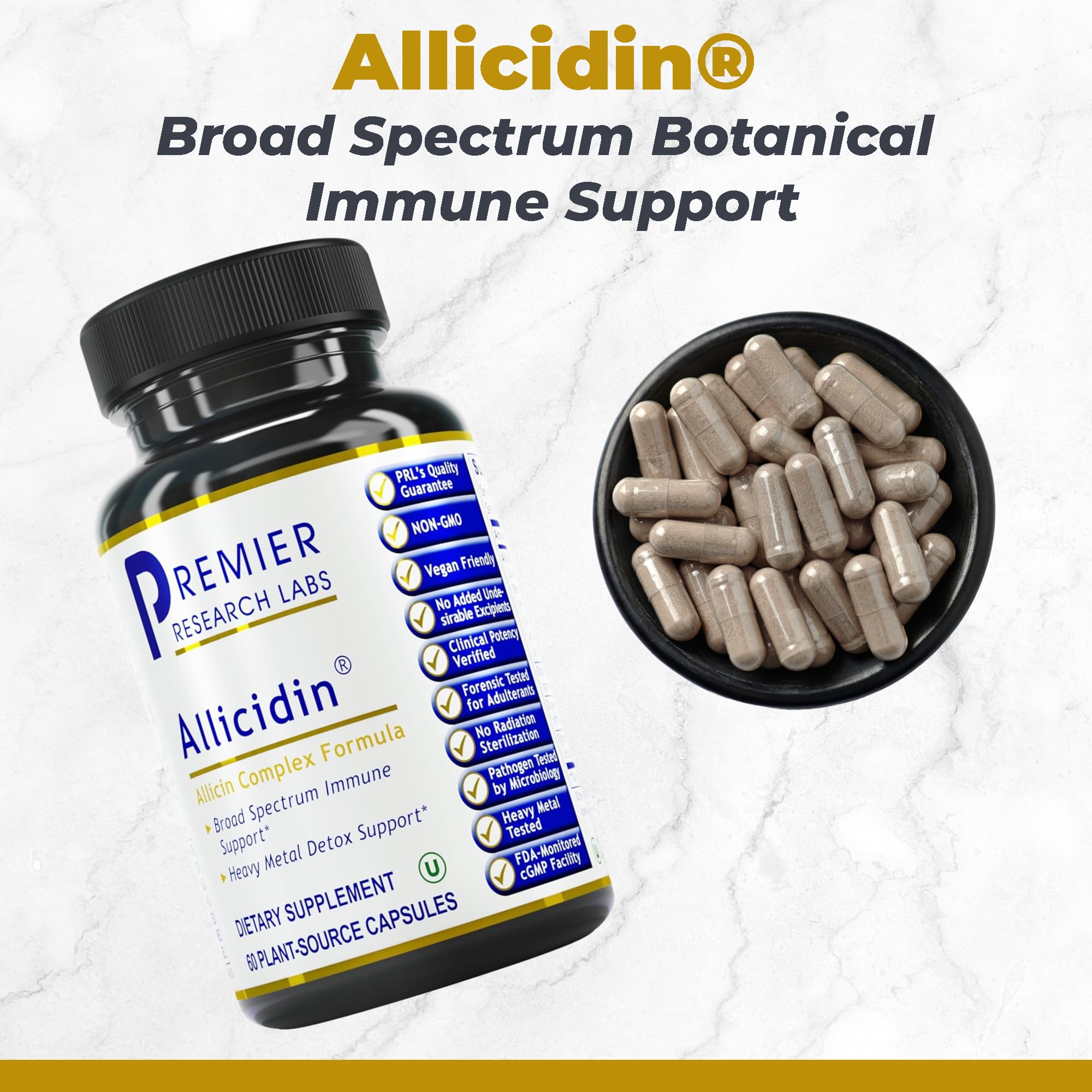 Premier Research Labs Allicidin garlic allicin supplement bottle showing ingredient facts.