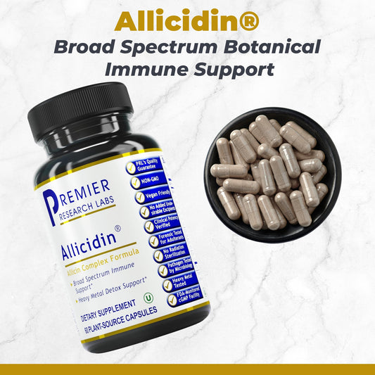 Premier Research Labs Allicidin garlic allicin supplement bottle showing ingredient facts.