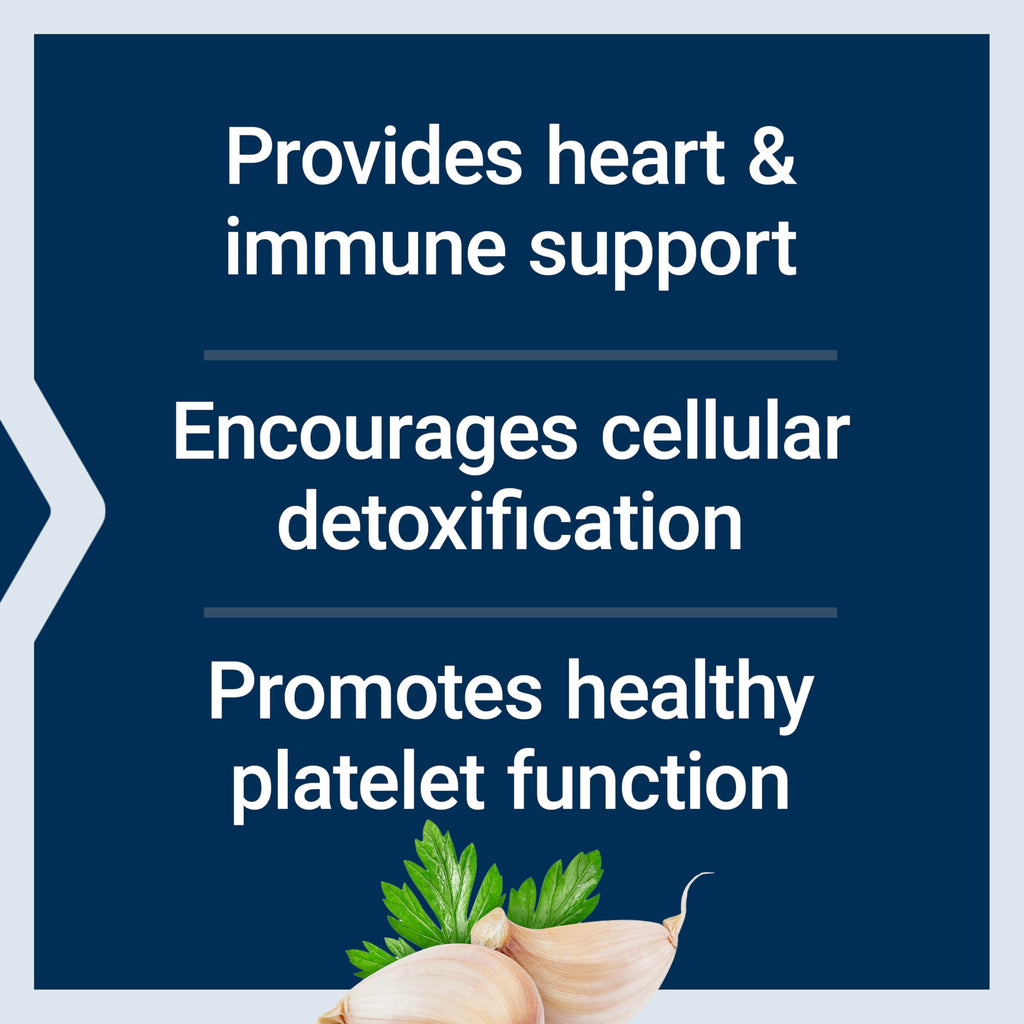 Supplement facts label showing 1200 mg garlic extract with 10000 ppm allicin potential