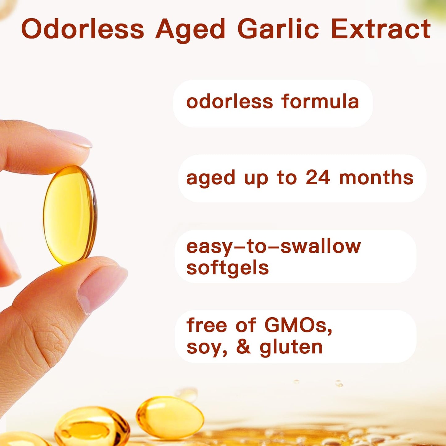 Premium 15:1 concentrated garlic supplement showing non-GMO and gluten-free labels