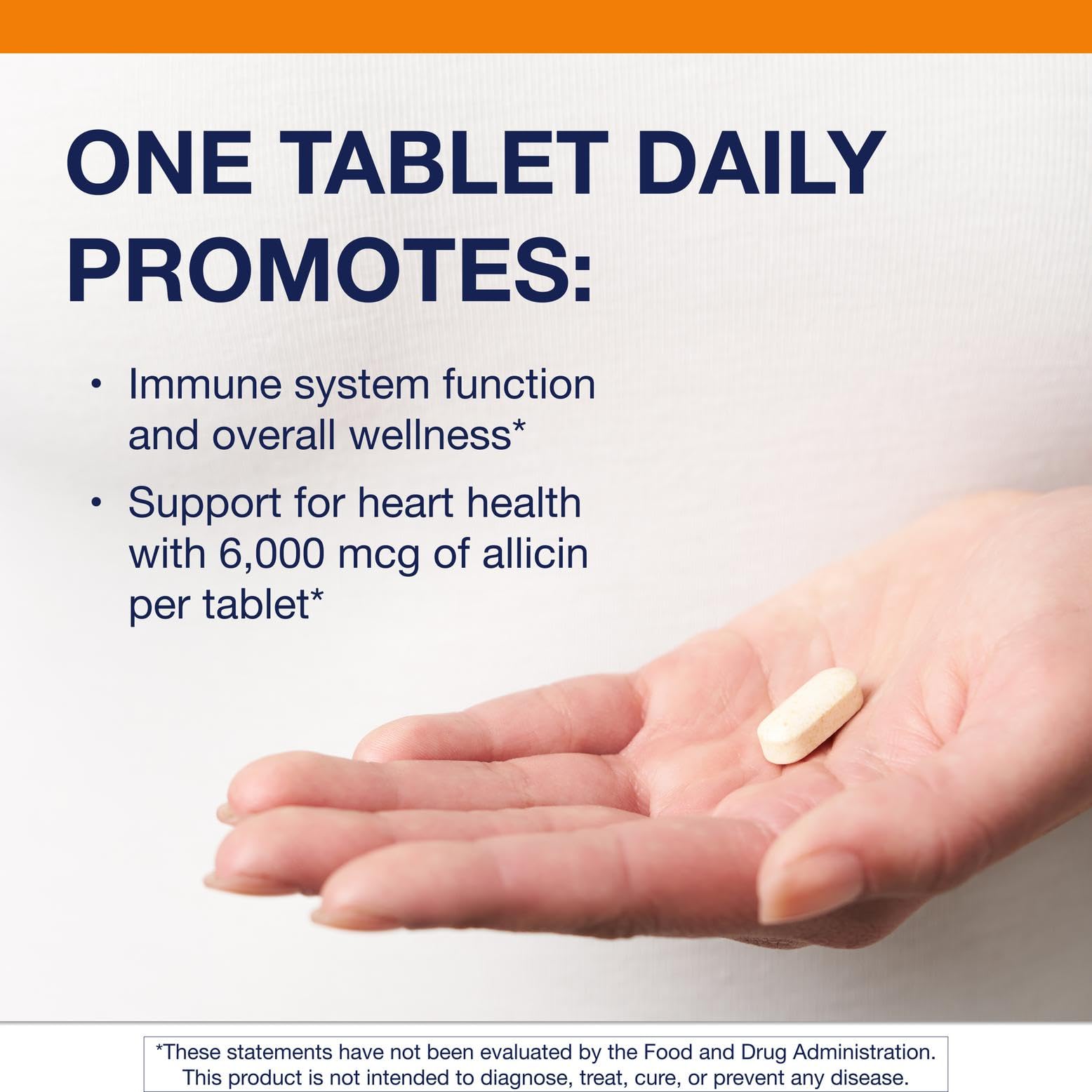 Metagenics garlic tablets packaging displaying the six thousand micrograms allicin guarantee label.