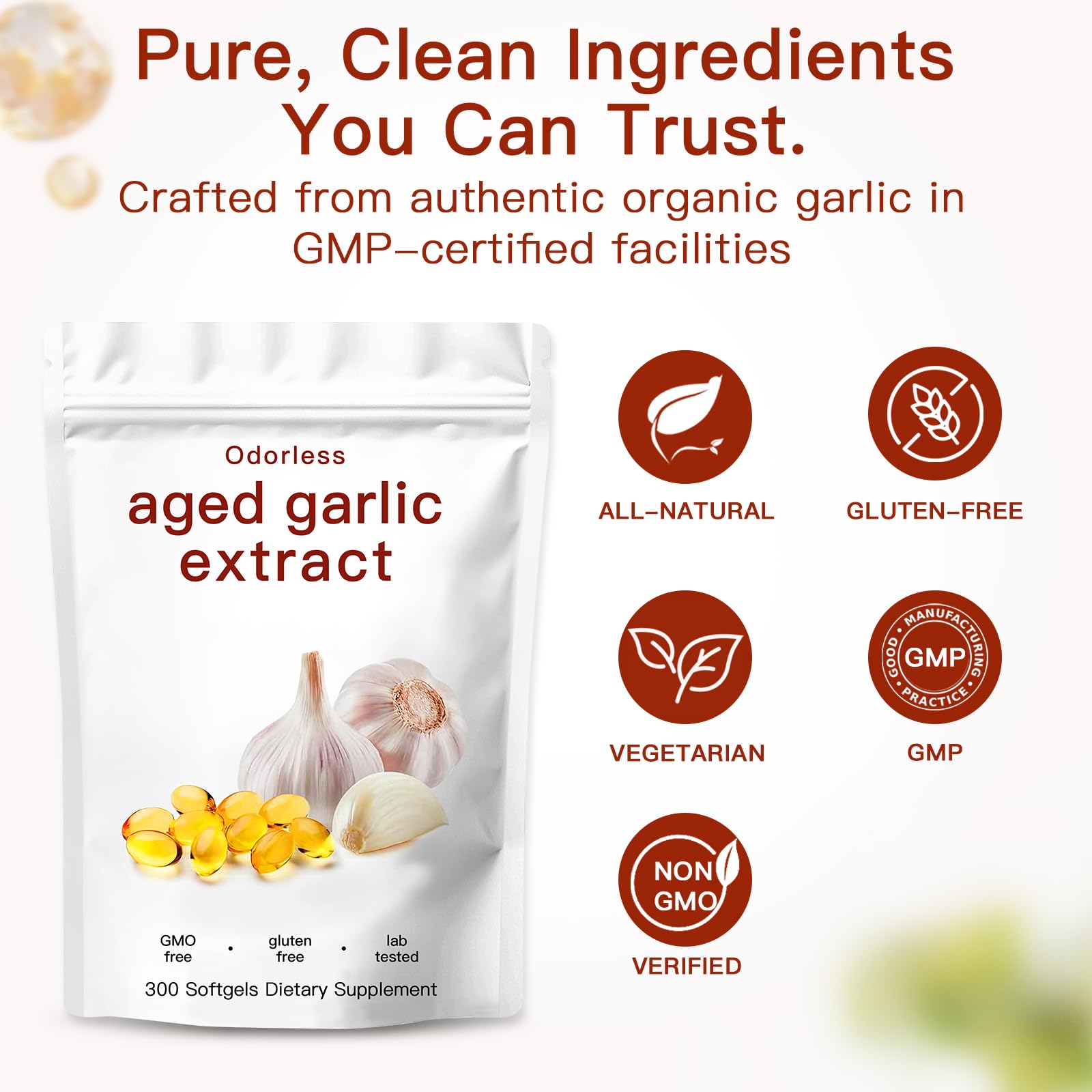 Authentic USA imported aged garlic supplement pouch for cardiovascular health