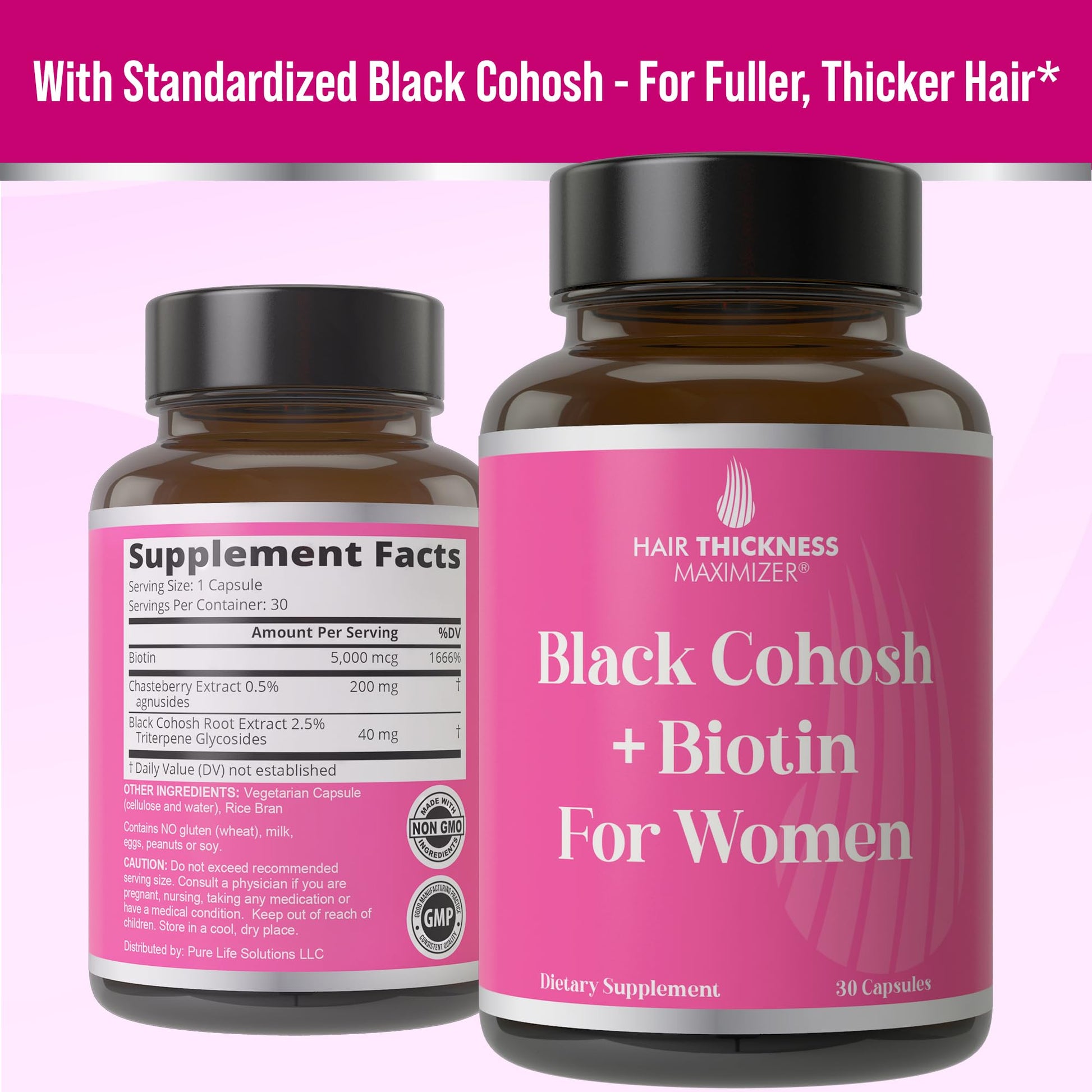 Close up of Hair Thickness Maximizer vegan supplement bottle
