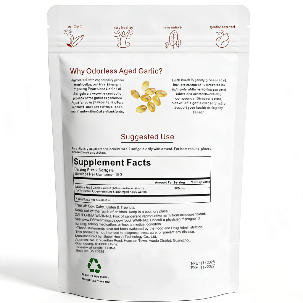 All-natural garlic capsules showing daily serving size and maximum strength formula