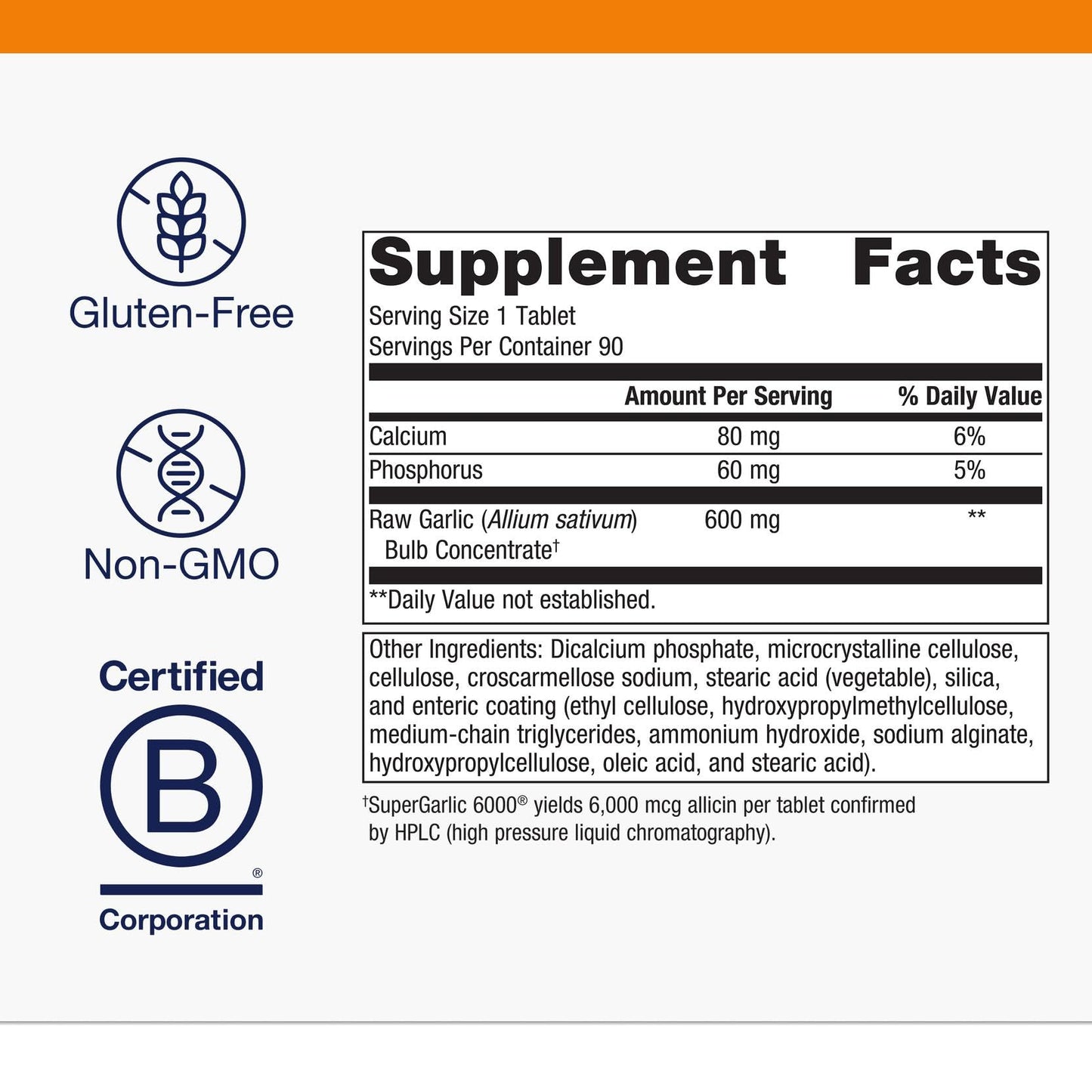 Enteric coated garlic tablets by Metagenics designed for odor control and heart health.