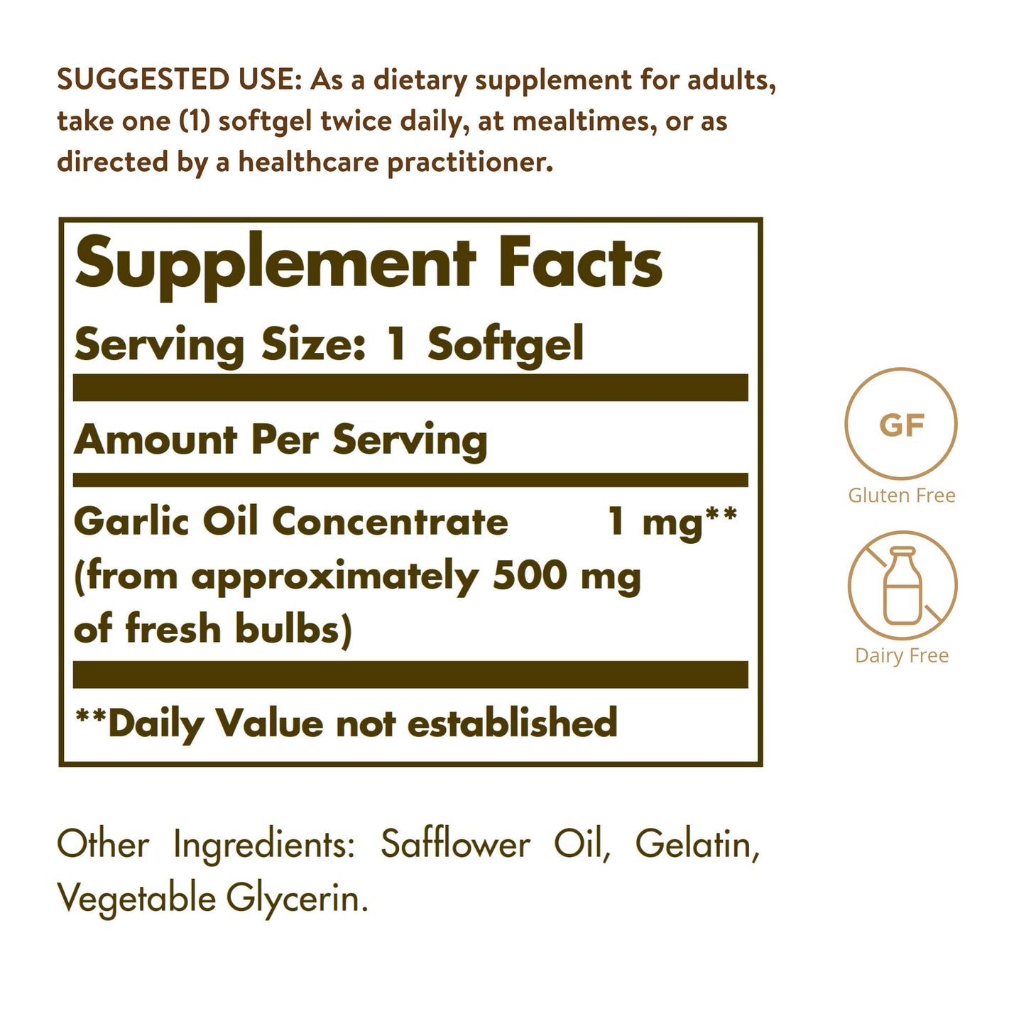 Solgar garlic oil concentrate dietary supplement reduced odor softgels.