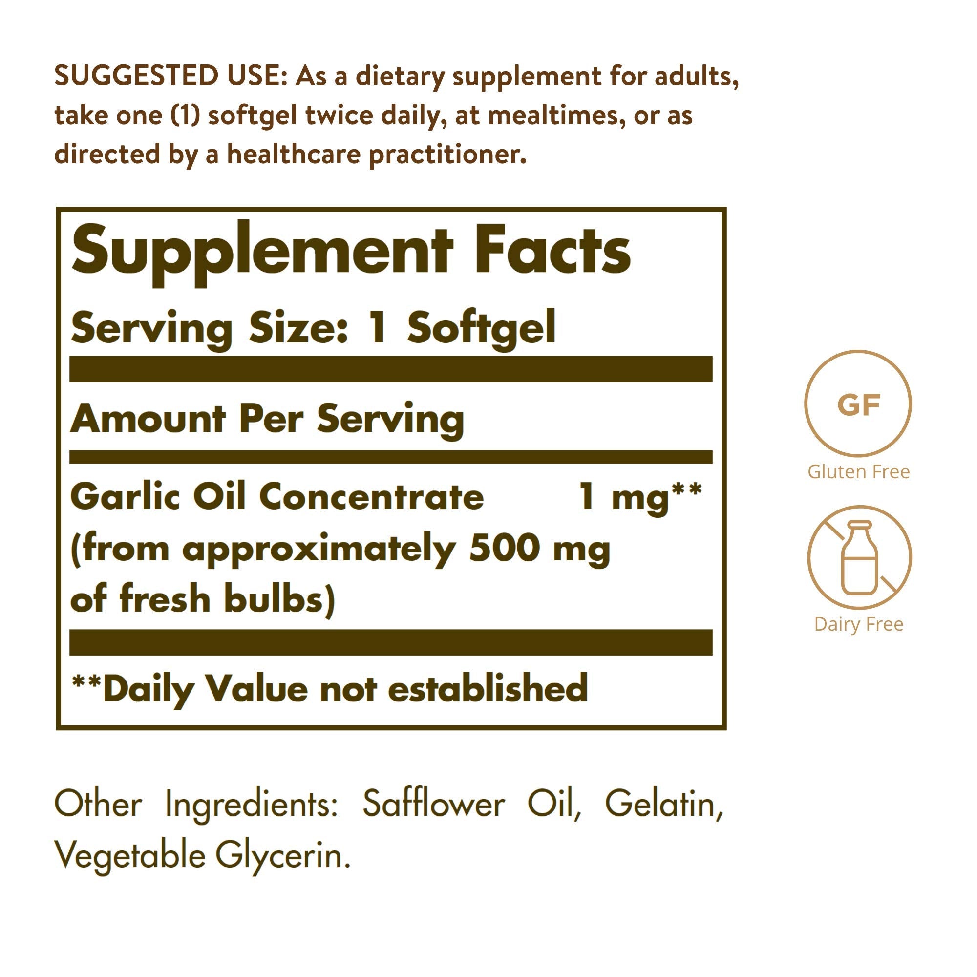 Solgar garlic oil concentrate dietary supplement reduced odor softgels.