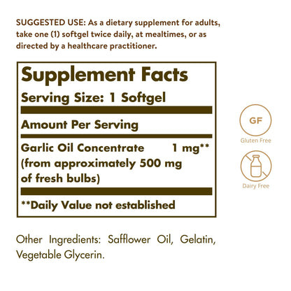 Solgar garlic oil concentrate dietary supplement reduced odor softgels.