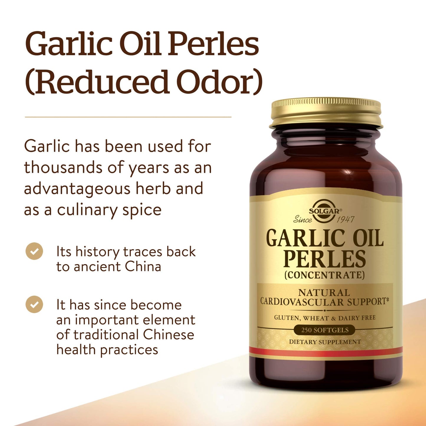 Authentic Solgar premium garlic oil supplement packaging showing nutritional facts.
