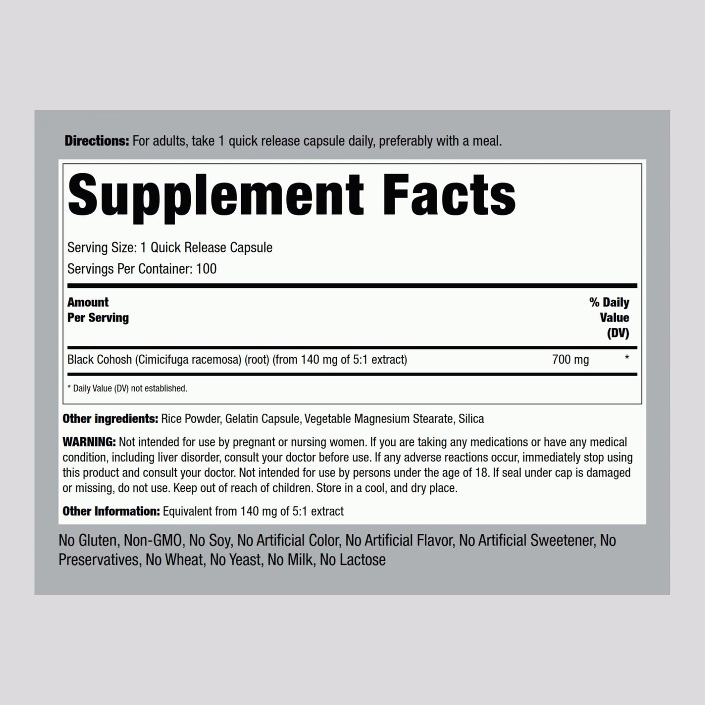 Piping Rock Black Cohosh 100 capsules supplement label details