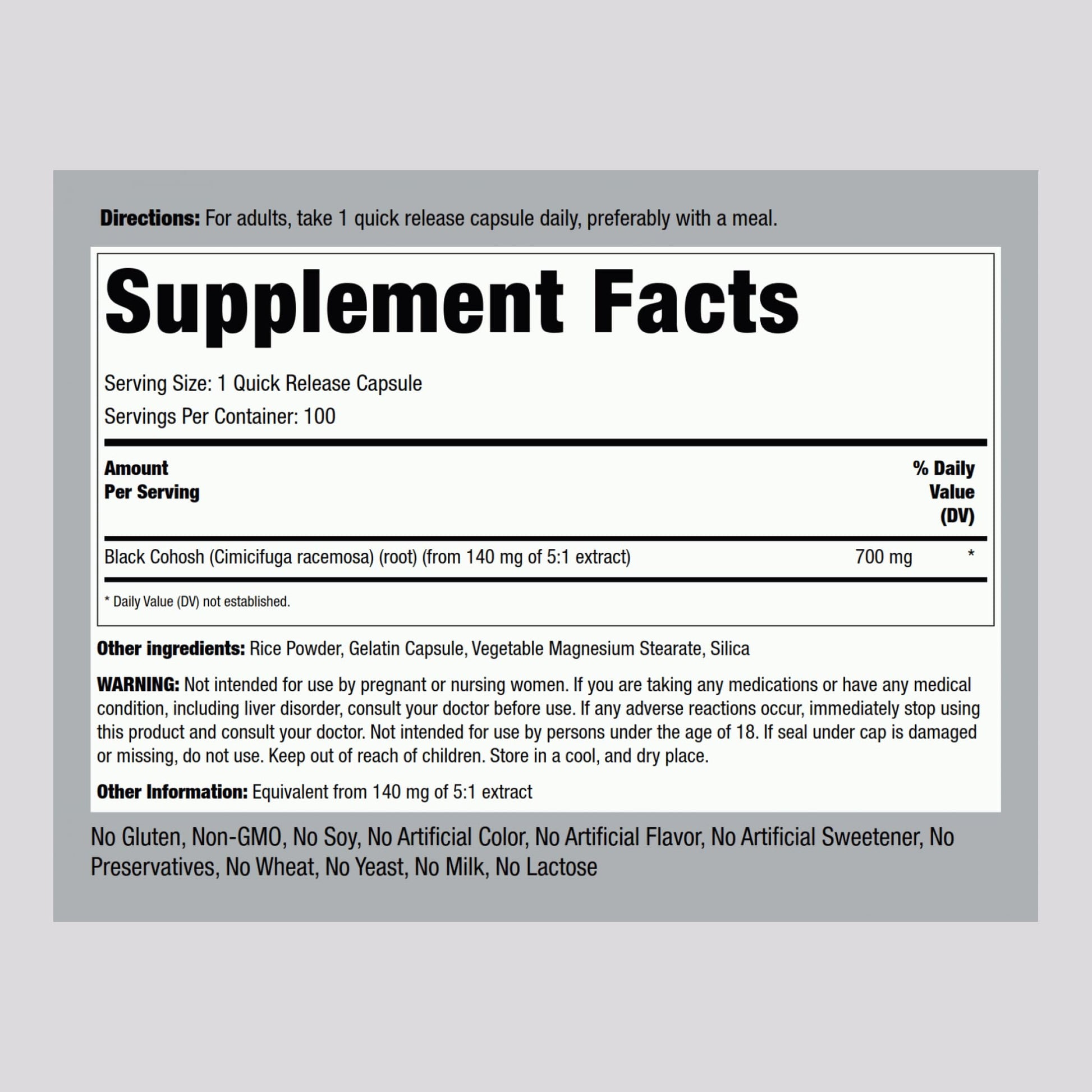 Piping Rock Black Cohosh 100 capsules supplement label details
