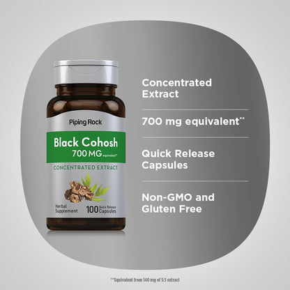 Close up of Piping Rock Black Cohosh 700mg capsule packaging