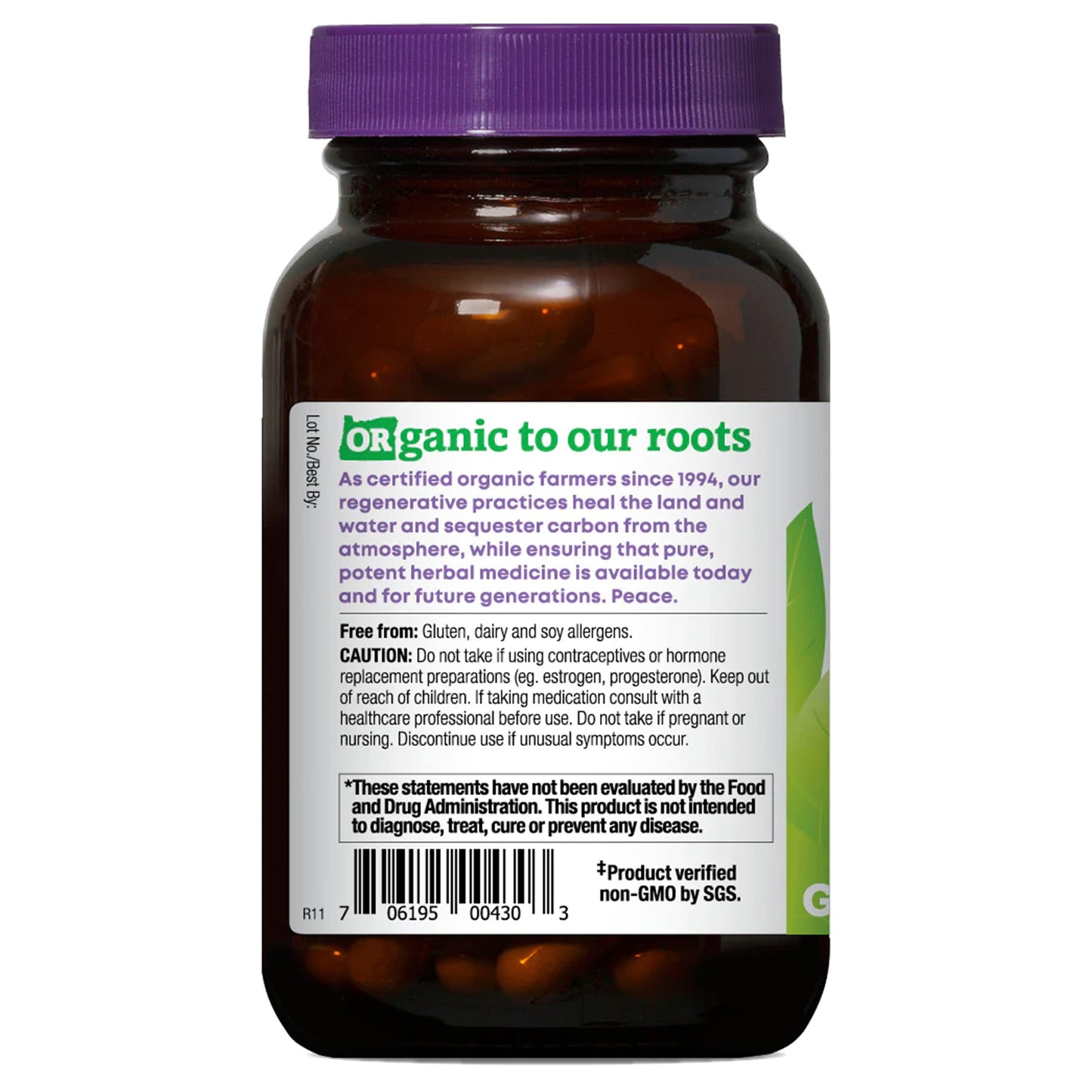 Back view of Oregon's Wild Harvest supplement bottle with ingredients