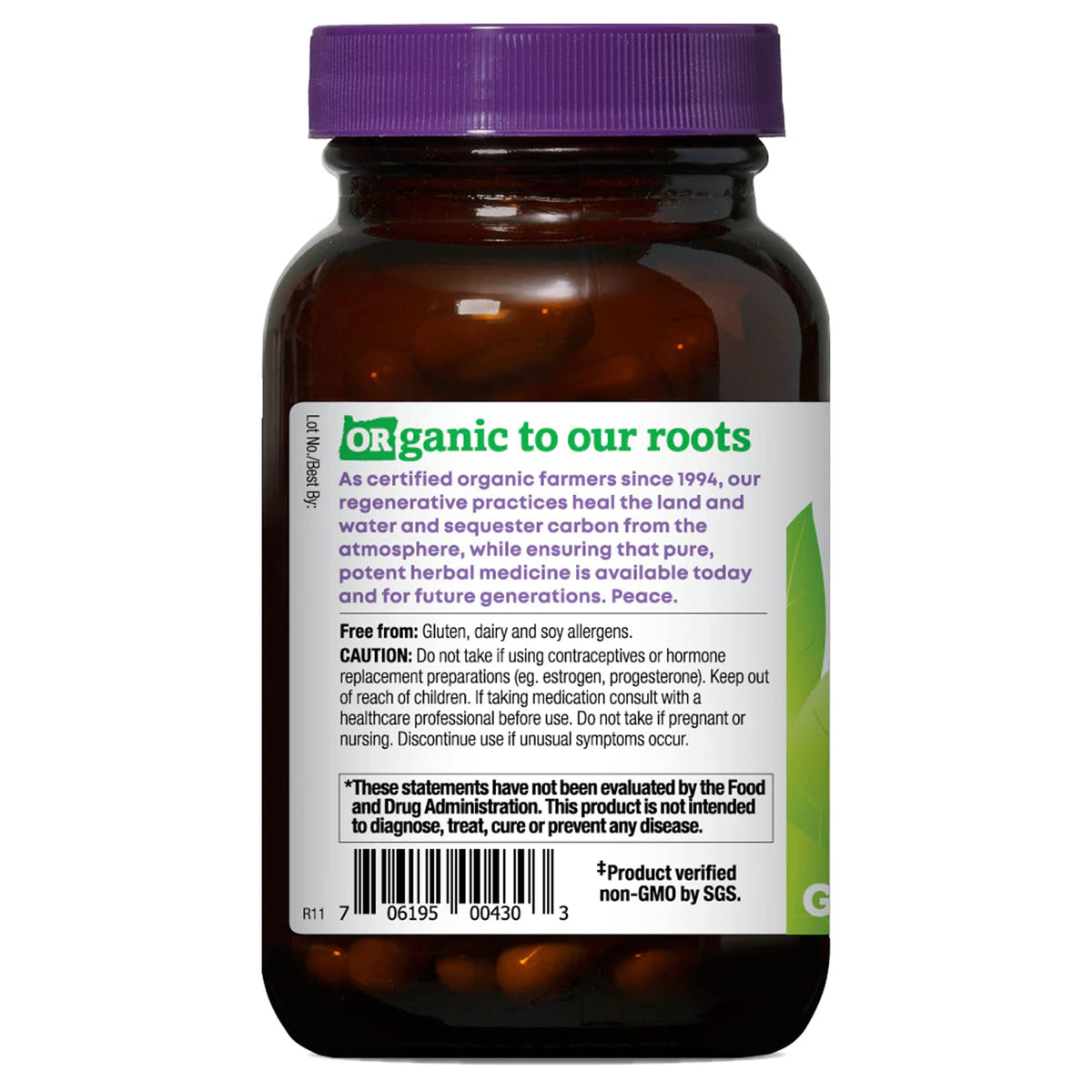 Back view of Oregon's Wild Harvest supplement bottle with ingredients