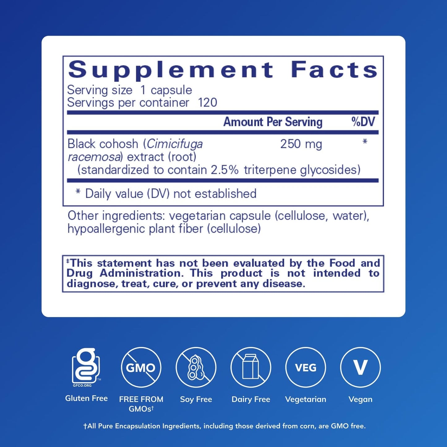 Pure Encapsulations Black Cohosh 120 capsules label detail