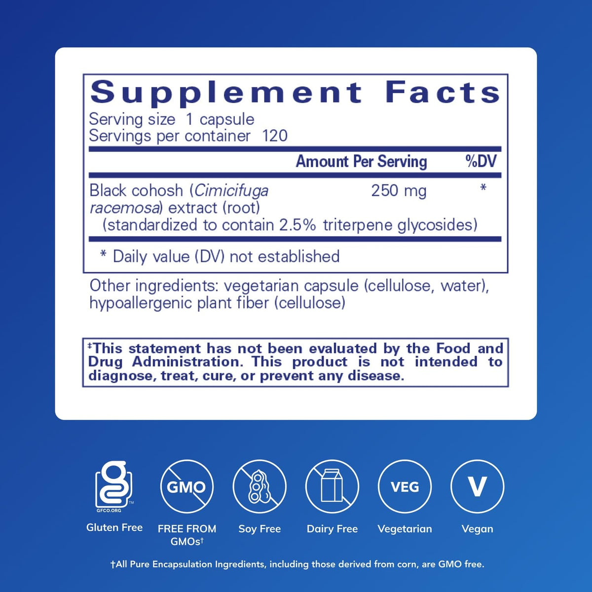 Pure Encapsulations Black Cohosh 120 capsules label detail