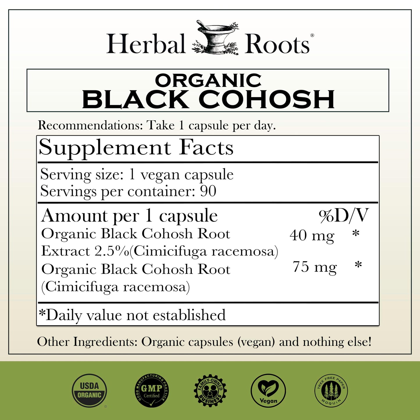 Herbal Roots black cohosh capsules menopause support label