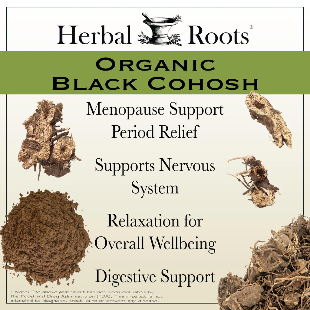 Side view of Herbal Roots organic black cohosh root bottle