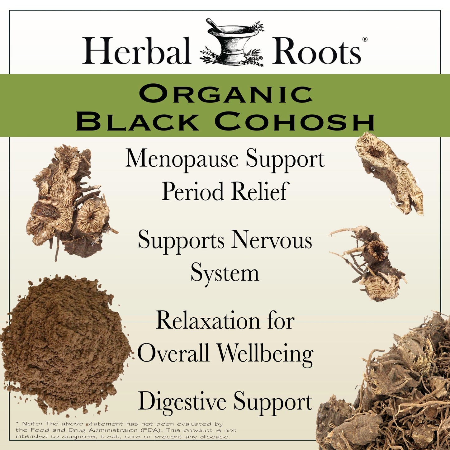 Side view of Herbal Roots organic black cohosh root bottle