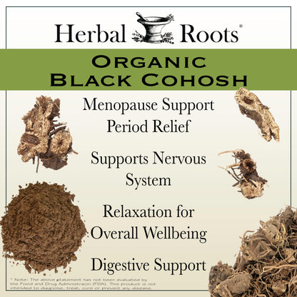 Side view of Herbal Roots organic black cohosh root bottle