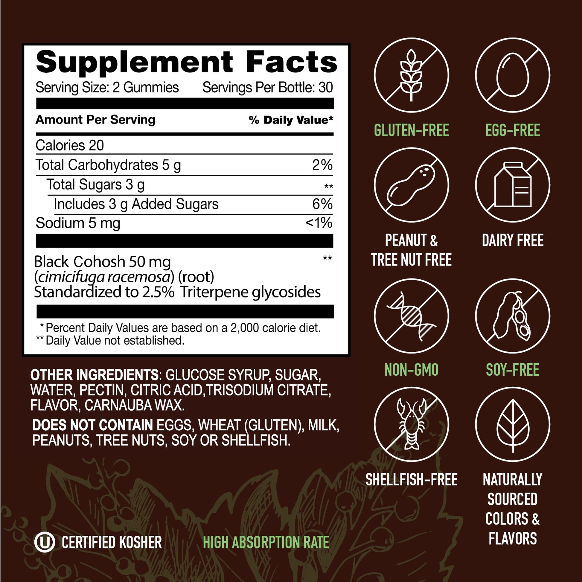 Back label of SMNutrition black cohosh gummies showing ingredients