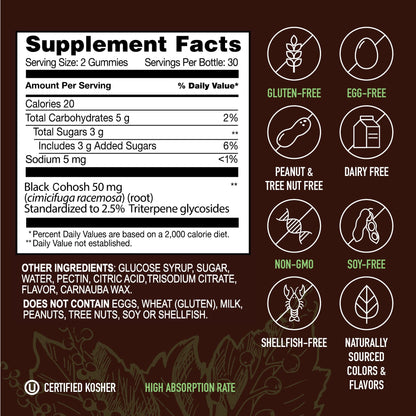 Back label of SMNutrition black cohosh gummies showing ingredients