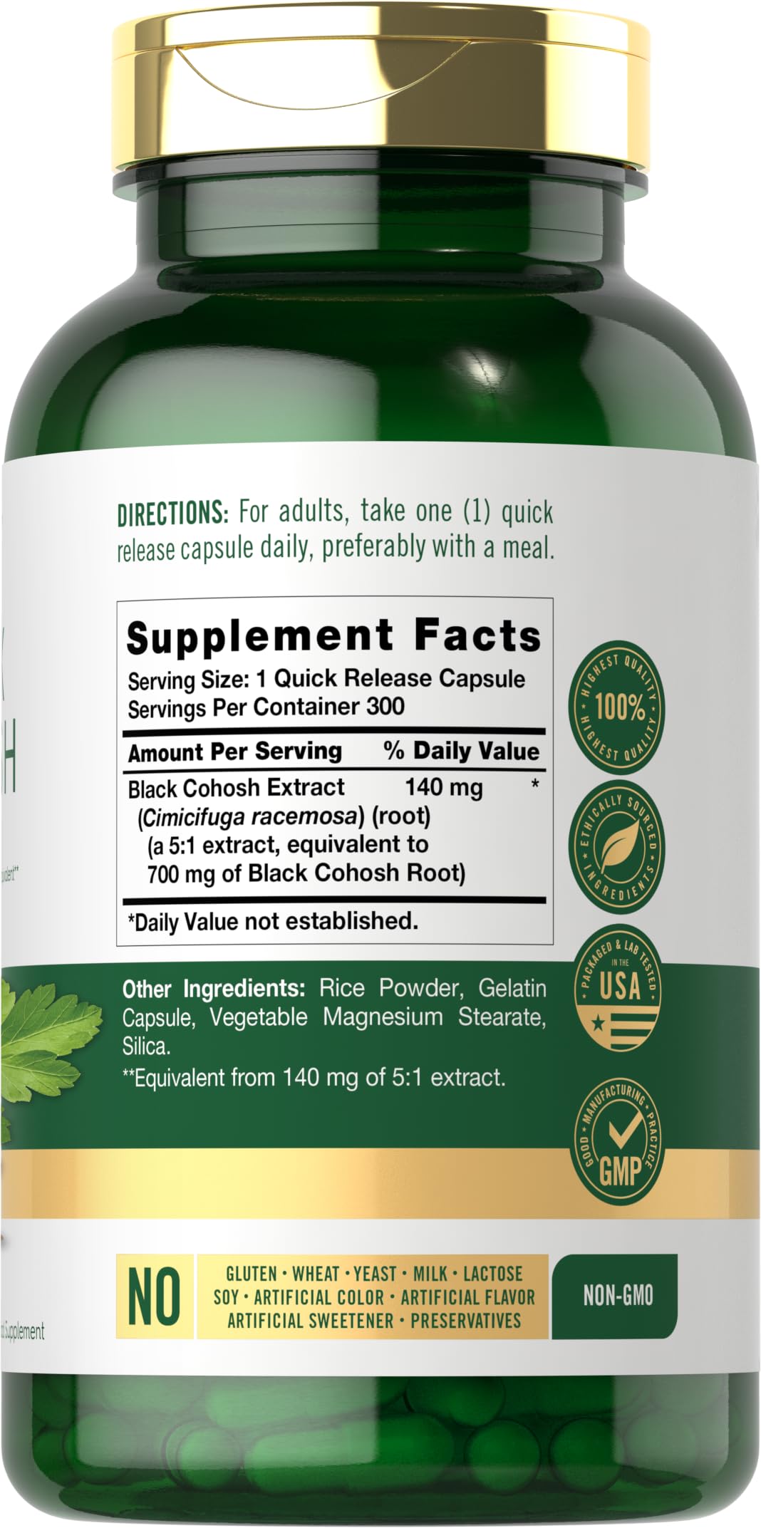 Carlyle Black Cohosh 300 count supplement bottle label details