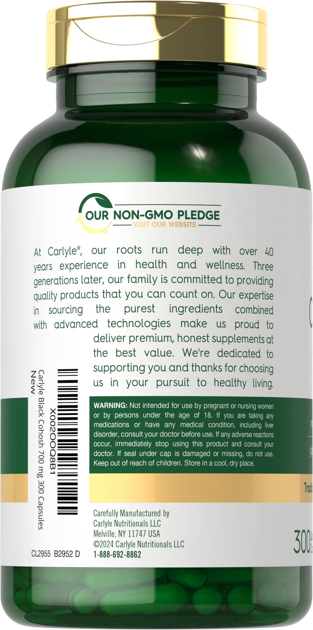 Side view of Carlyle Black Cohosh herbal supplement bottle