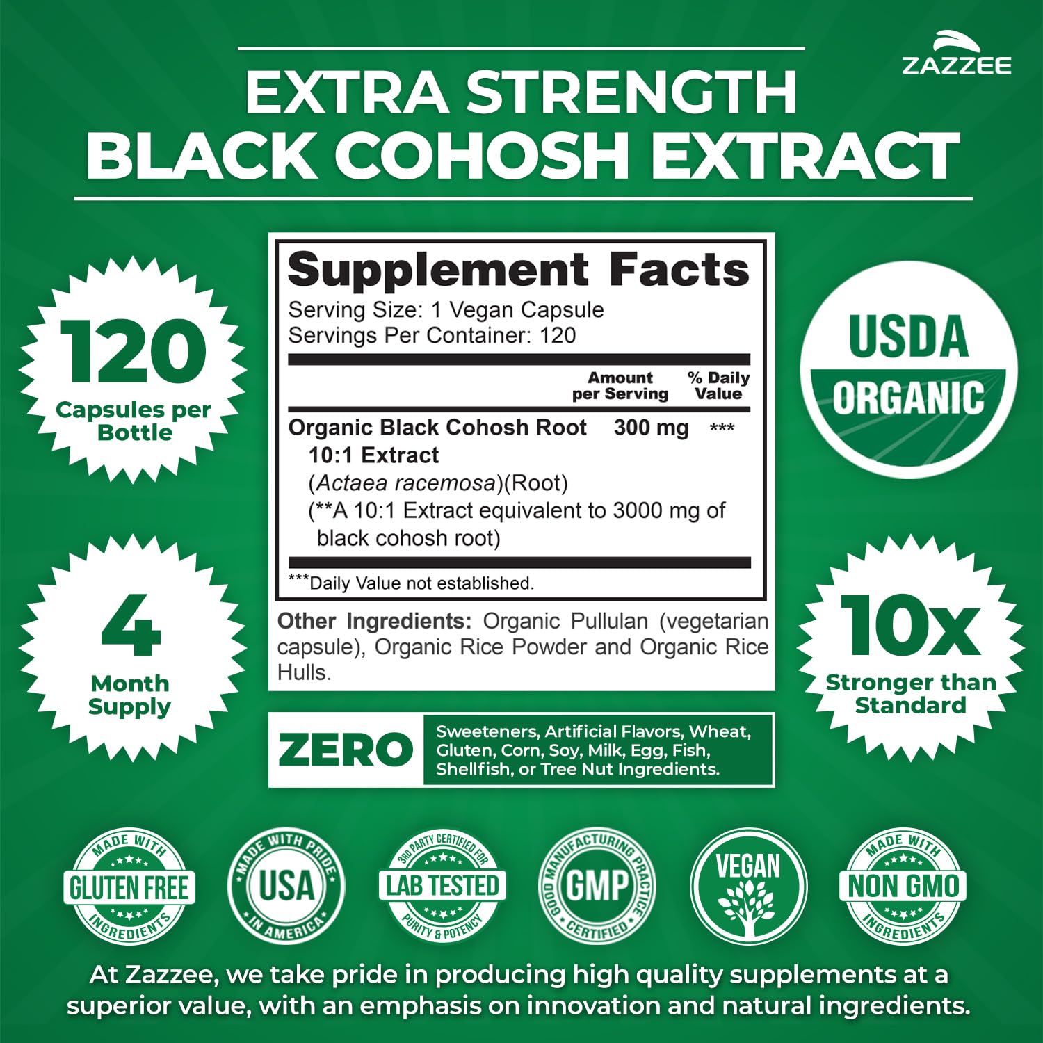 Back of Zazzee Black Cohosh bottle featuring ingredient list and directions