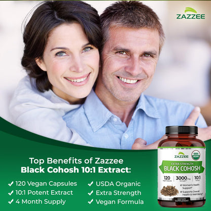 Close up of Zazzee organic black cohosh branding and potency information