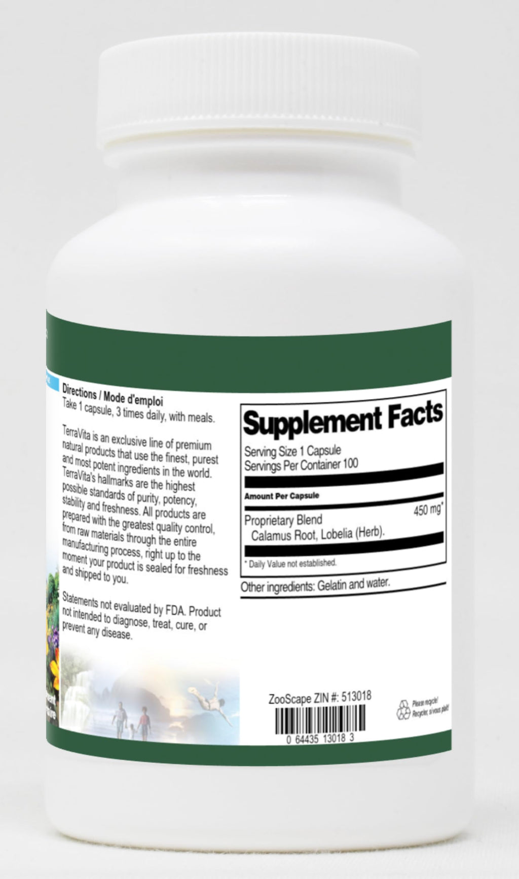 Terravita Lobelia and Calamus herbal supplement capsule count and potency label