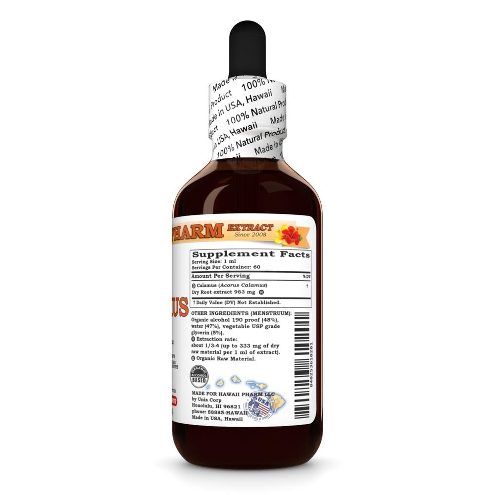 Hawaii Pharm Calamus Liquid Extract organic herbal drops bottle displaying ingredient facts