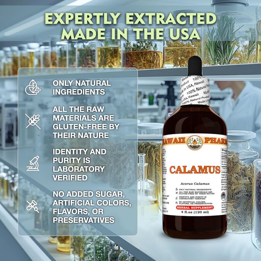 Hawaii Pharm alcohol free calamus root tincture bottle on a pure background