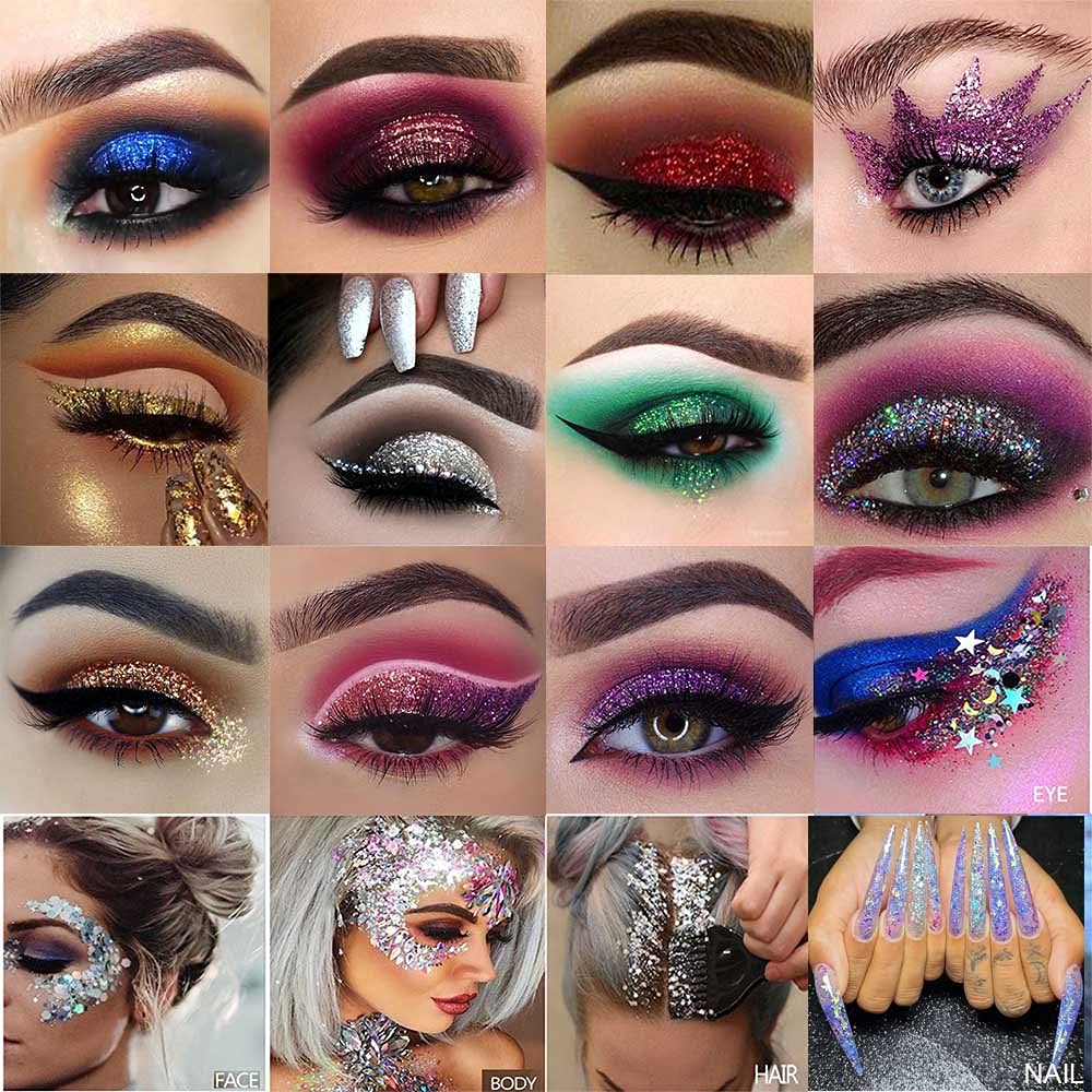 Model wearing vibrant glitter makeup from Evpct palette
