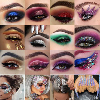 Model wearing vibrant glitter makeup from Evpct palette