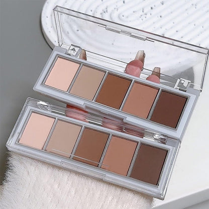 Detailed top view of the five matte brown and peach shades