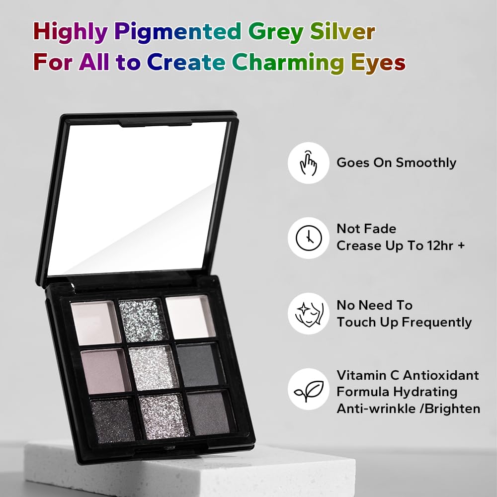 Open Baisen Diary eyeshadow palette showing black silver and gray shades