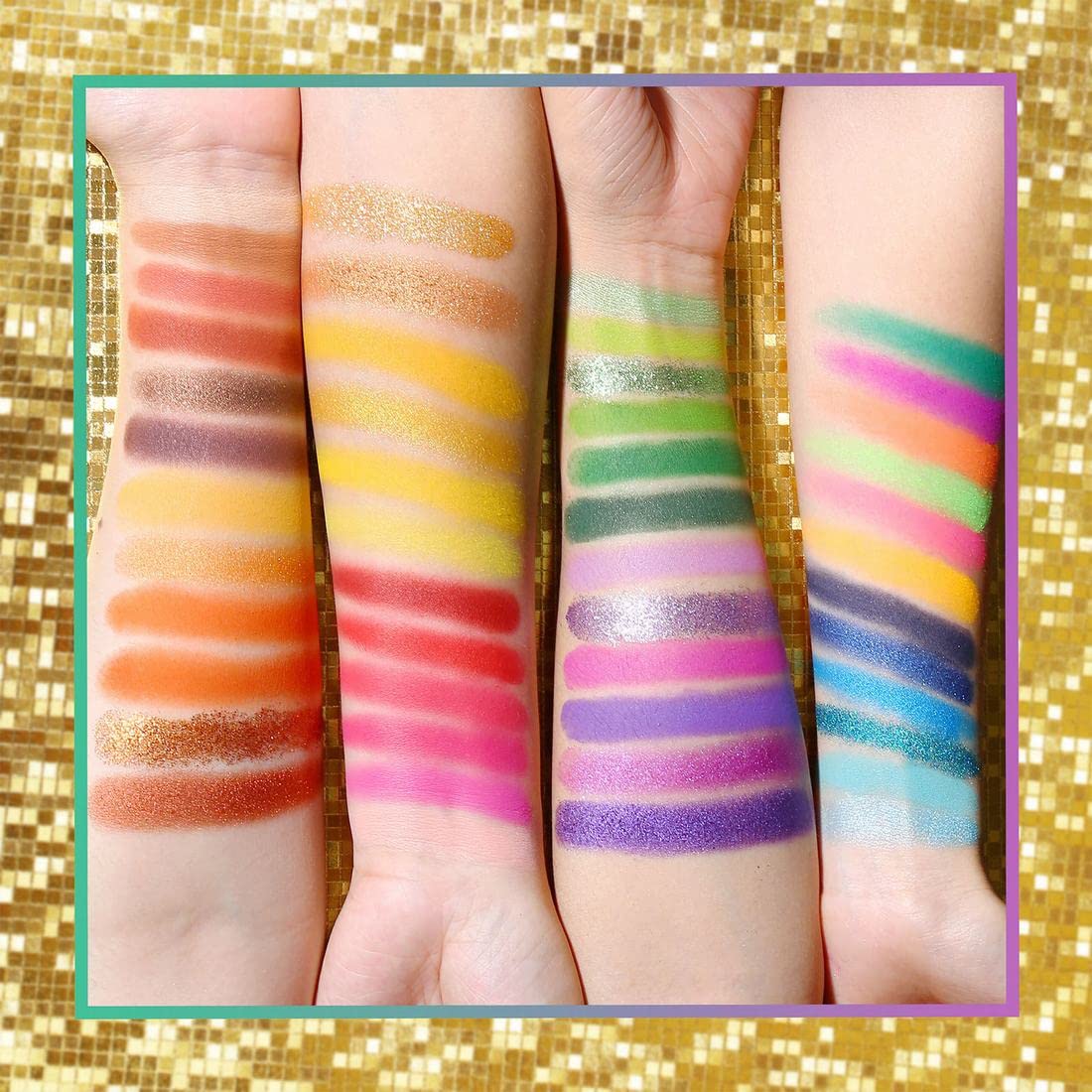Close up of matte and shimmer shades in UCANBE eyeshadow palette