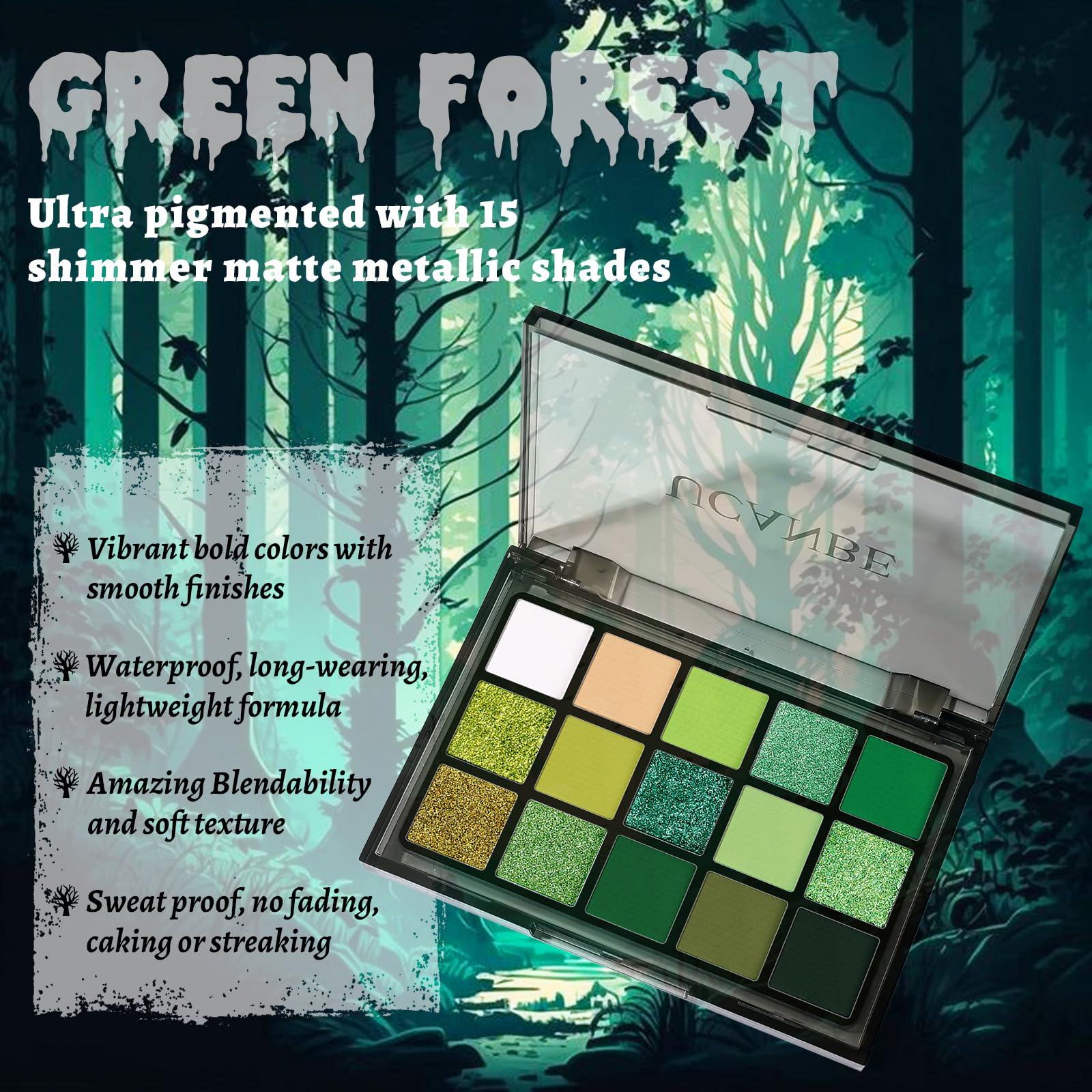 Close up of Ucanbe green eyeshadow texture and pigment swatch