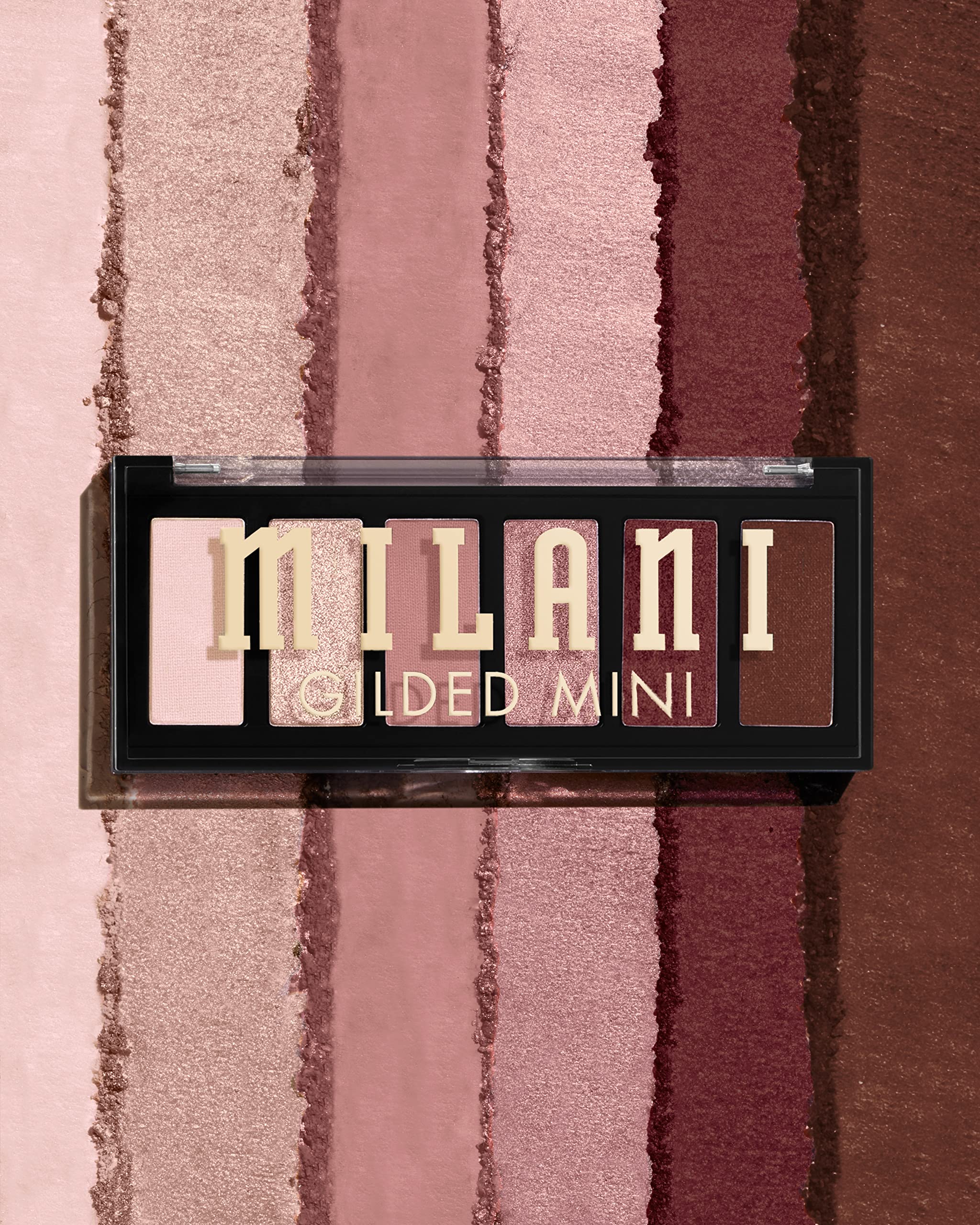 Open Milani eyeshadow palette showing 6 matte and shimmer shades