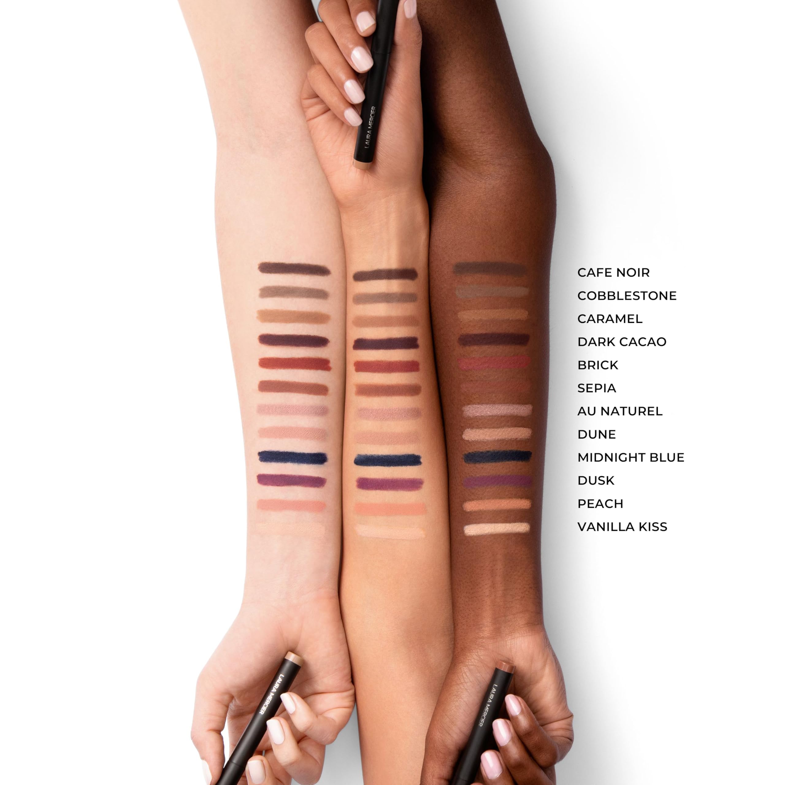 Swatches of Laura Mercier Caviar Stick matte and shimmer shades