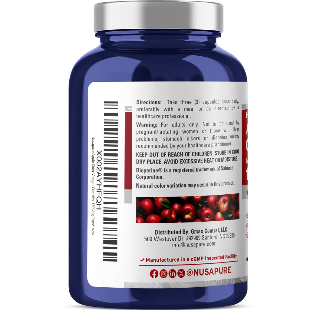 Side angle view of NusaPure Apple Cider Vinegar capsules showing the vegetarian and non-GMO certification seals.