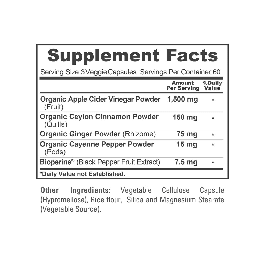 Supplement facts panel on the back of NusaPure Apple Cider Vinegar Complex detailing the fifteen hundred milligram serving.