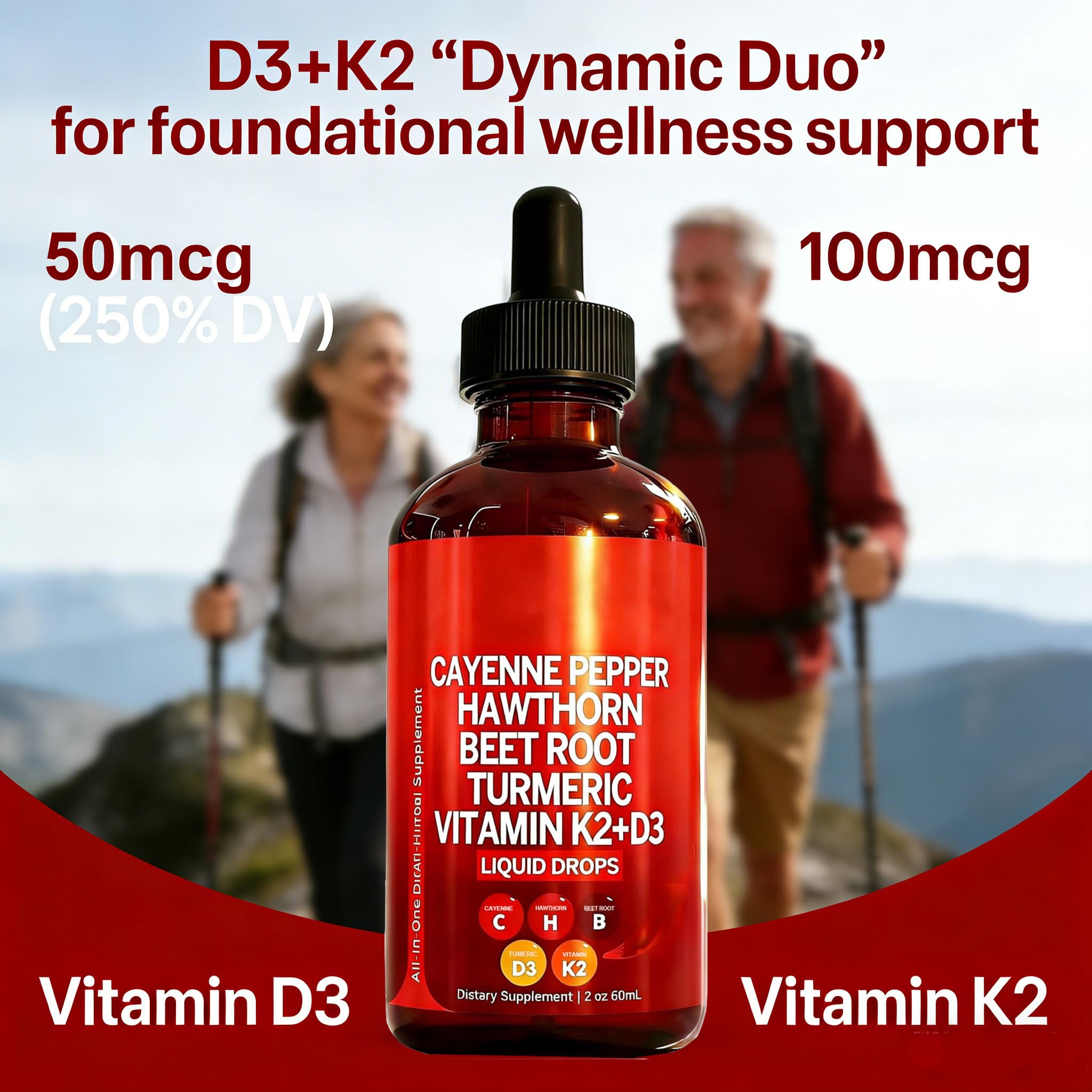 Accio Biduka cayenne supplement liquid drops packaging showing premium ingredients like hawthorn berry and turmeric.