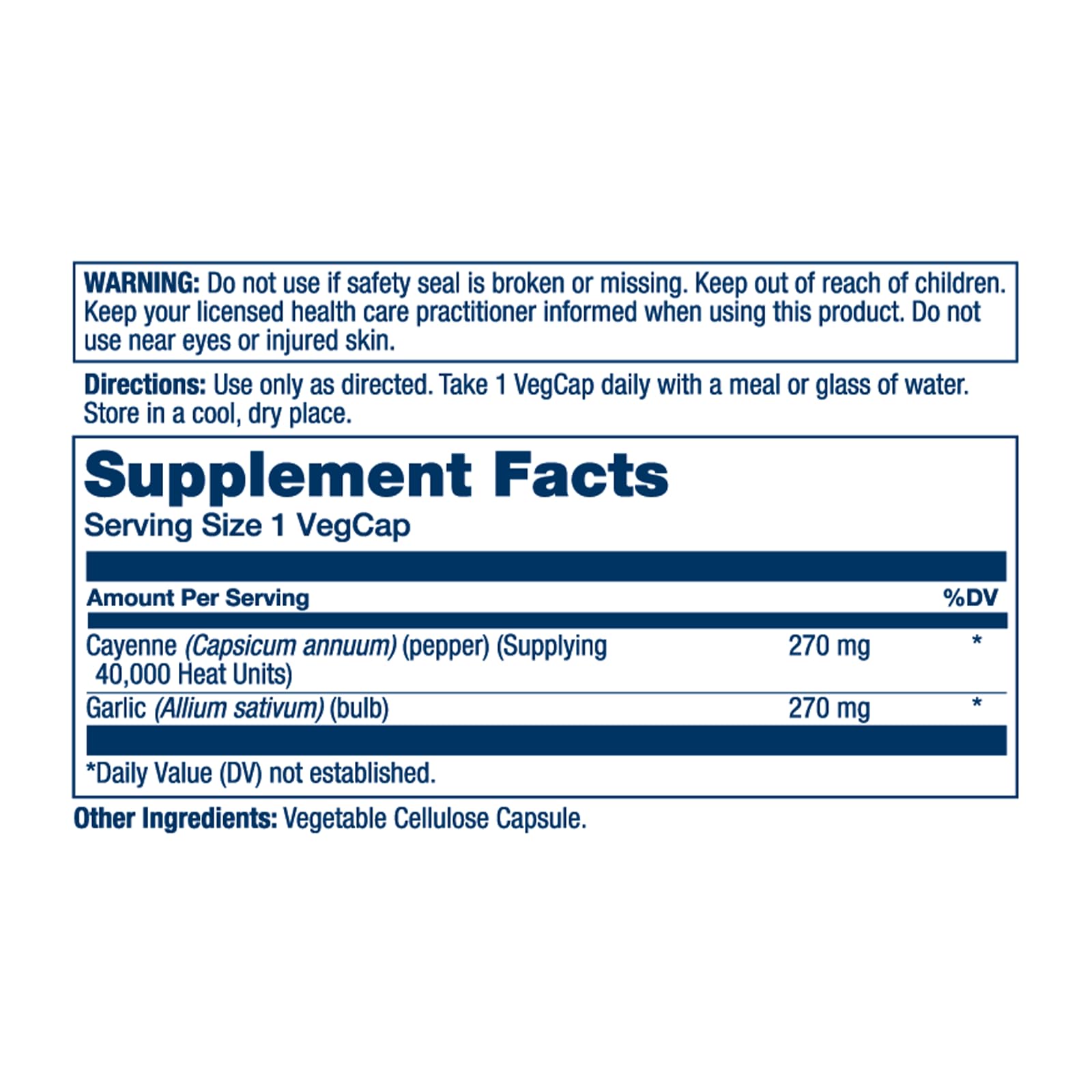 Solaray Cayenne and Garlic supplement nutritional facts and ingredient label details