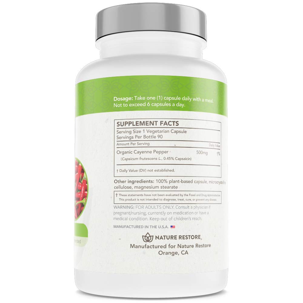 Nature Restore capsaicin capsules 70000 SHU dietary supplement label details.