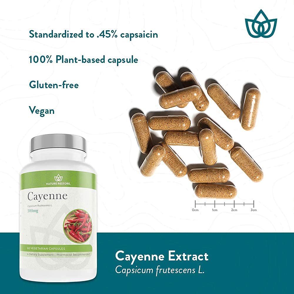 USA sourced Nature Restore cayenne pepper extract nutrition facts panel.